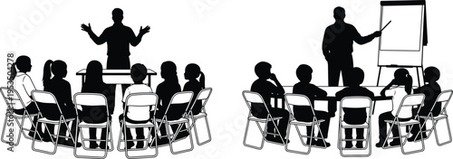Business training seminar silhouettes, teacher presenting to audience and meeting discussion group, education workshop presentation illustration concept