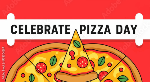 Celebrate pizza day with a delicious slice of cheese and pepperoni on a red background
