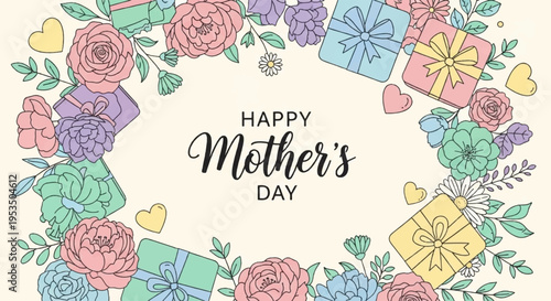 Colorful happy mother's day floral wreath with gifts and hearts on cream background for greeting cards