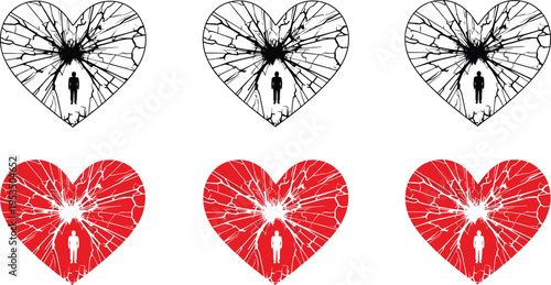 Shattered heart silhouettes collection, love heartbreak concept, emotional pain, cracked glass texture, loneliness and loss, minimal black red vector illustration