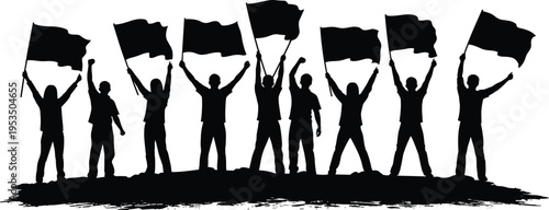 protest, silhouettes, people, crowd, flags, demonstration, rally, activism, protester, freedom, movement, group, black, vector, illustration, isolated, social, political, rights, collection