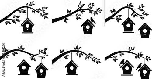 silhouette, birdhouse, birds, tree, branch, hanging, nature, garden, wildlife, leaves, spring, black, isolated, vector, illustration, outdoor, nesting, home, design, concept