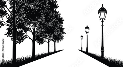 park, pathway, trees, streetlight, landscape, nature, outdoor, walkway, garden, urban, scenic, black, vector, illustration, isolated, environment, perspective, design, calm, set