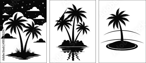 Palm tree silhouettes set, tropical island landscape, night sky, reflection water scene, summer beach vibe, minimal black white vector illustration