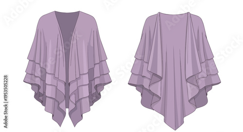 Elegant lavender draped open cardigan with graceful ruffle layers front and back view fashion illustration showcasing a versatile apparel design