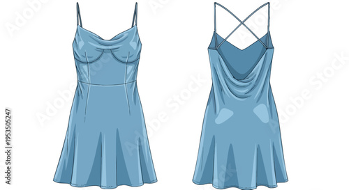 Elegant light blue slip dress illustration with a flowing cowl neck and delicate spaghetti straps. Front and back views reveal a chic criss-cross