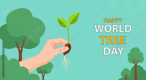 Hand holding young tree sapling with roots world tree day eco friendly environmental conservation sustainability green background trees