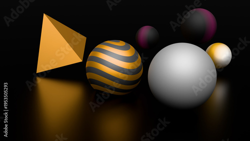 Abstract 3D background with geometric shapes on a dark mirror surface. The composition of spheres and pyramids creates a modern, futuristic design.