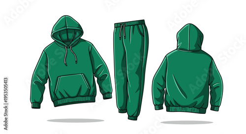 Emerald green hooded sweatshirt and comfortable matching jogging pants set vector illustration. Front and back views of the hoodie, plus separate