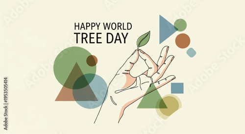 Hand holding leafy tree sapling with geometric shapes on world tree day eco friendly and nature conservation concept