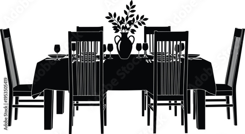 Dining table with chairs silhouette, home dining room furniture set with tableware and flower vase illustration vector