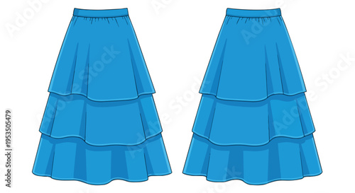 Digital illustration of two identical blue tiered skirts. Fashion concept for warm weather. Playful, comfortable garment ideal for apparel projects