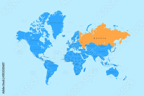 World Map highlighted at Russia, with country and sea name, and border vector illustration