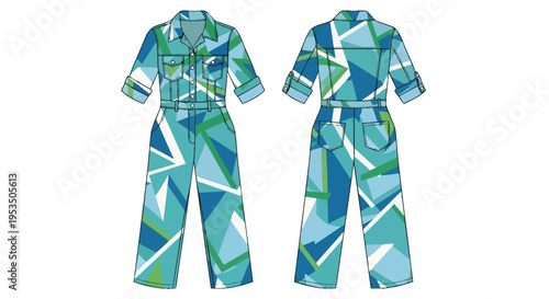 Vibrant geometric patterned retro-inspired jumpsuit design flat sketch for women