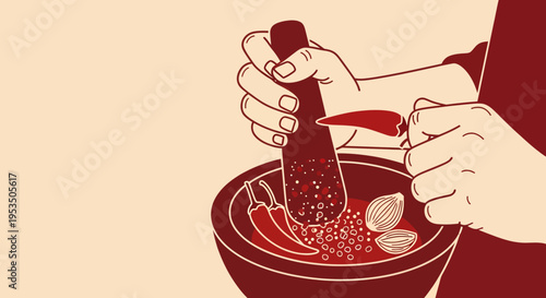 Traditional Sambal Preparation Illustration with Mortar and Pestle, Chili, and Shallots in Minimalist Line Art Style