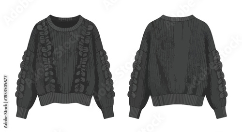 Modern charcoal grey knitted pullover design showcasing intricate voluminous cable stitching on sleeves and distinct vertical front panels, a