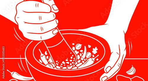 Close up hands grinding chili and spices in traditional stone mortar and pestle for making sambal red and white vector illustration