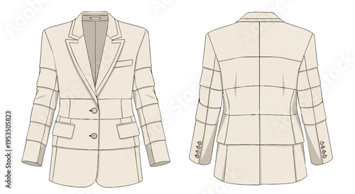 Elegant tailored women's blazer technical drawing showcasing distinct front and back views with detailed layered sleeve segments for apparel design