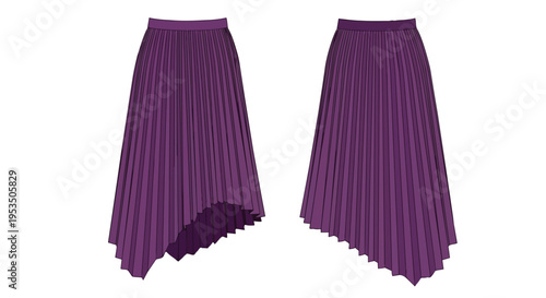 Graceful purple pleated midi skirts with unique asymmetric hem design showcasing a contemporary flowing silhouette perfect for modern fashion