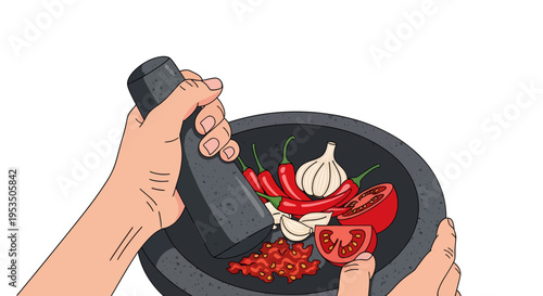 Close up illustration of hands grinding chili, garlic, and tomato with stone mortar and pestle to make traditional Indonesian sambal sauce