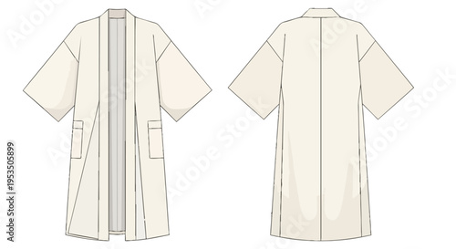Detailed technical flat drawing of a sophisticated open-front garment featuring wide short sleeves and practical pockets perfect for fashion design