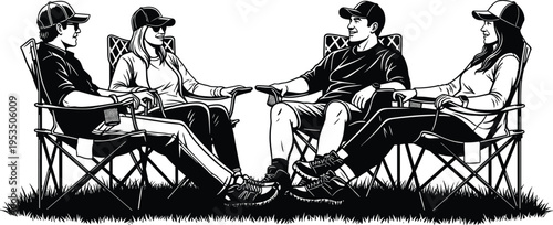 Friends relaxing on camping chairs outdoors, people talking and enjoying leisure time in nature vector illustration isolated