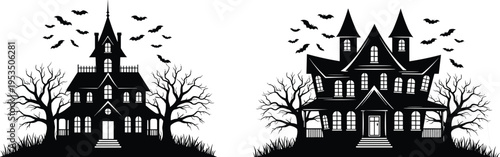 Haunted, house, halloween, silhouette, spooky, mansion, bats, tree, vector, illustration, gothic, horror, dark, night, graveyard, creepy, black, isolated, design, template