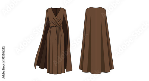 Sophisticated V-neck brown maxi dress with flowing cape design flat illustration technical drawing