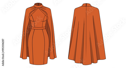 Fashion illustration of a modern women's cape dress, a high-neck fitted design with integrated flowing cape. Terracotta color, front and back views