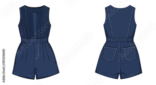 Stylish women's sleeveless denim romper with pleated front and belted waist. This detailed fashion flat sketch presents both front and back views of