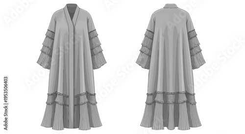 Elegant tiered flowing garment design with ruffled sleeves and pleated hem technical drawing