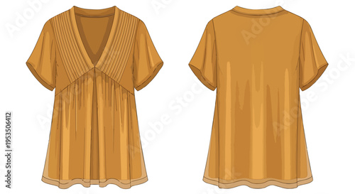 Fashion illustration of a relaxed fit ochre women's tunic top featuring a charming V-neck and delicate pintuck details perfect for casual elegance