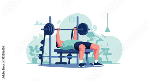 Man Lifting Barbell on Bench Press in Gym Vector Fitness Workout Chest