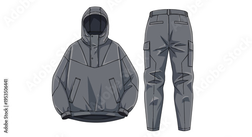 Professional flat vector artwork depicting a versatile gray hooded anorak jacket and matching cargo pants, ideal for practical outdoor tactical
