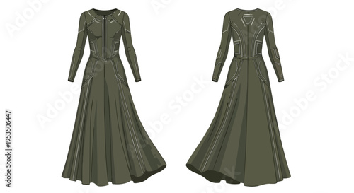 Futuristic long-sleeved dress concept with intricate geometric patterning in muted olive, front and back views.