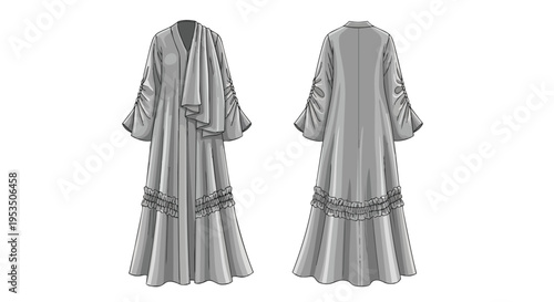 Fashion illustration of a modest long-sleeved dress with draped neckline and tiered ruffles design technical flat sketch drawing for clothing