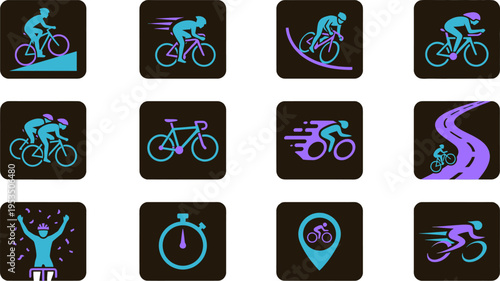 Cycling icons set, Tour de France, road bike, racing, fitness