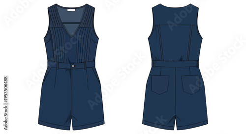Women's navy blue sleeveless romper flat sketch, showing front and back views of its pleated V-neck bodice, belted waist and shorts.