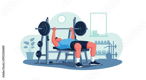 Man Lifting Barbell on Bench Press in Gym Vector Fitness Workout