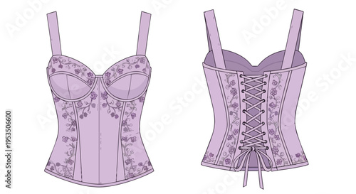 Elegant lavender corset illustration showcasing intricate floral embroidery, structured cups, and a traditional lace-up back, perfect for fashion