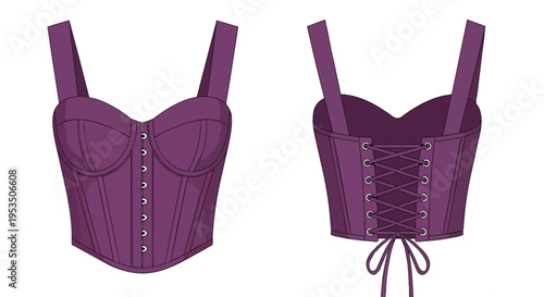 Elegant purple strappy corset technical flat illustration featuring a detailed front view with hooks and an intricate lace-up back design for
