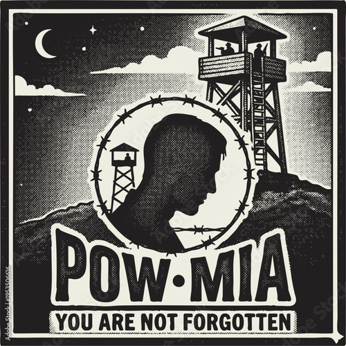 A somber black and white memorial graphic honoring prisoners of war and those missing in action