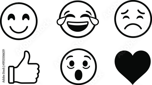Happy smiley face emoticon collection with heart and thumbs up symbols yellow black