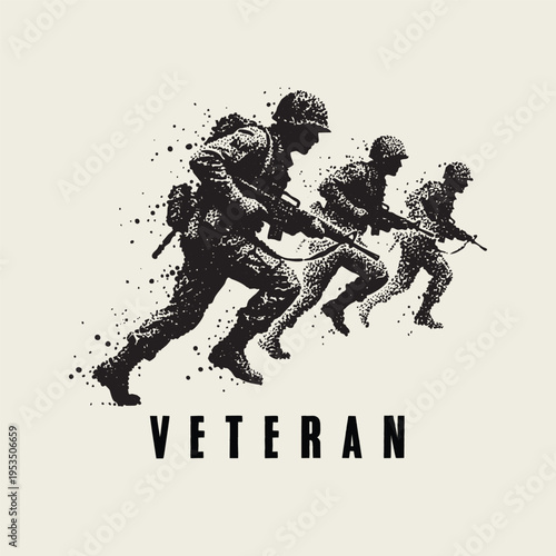 A stippled art illustration of three soldiers running forward in formation with the word veteran