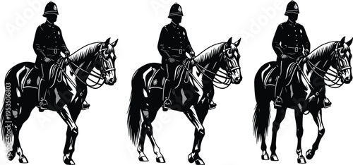 Mounted, police, officer, horse, silhouette, vector, illustration, patrol, law, enforcement, cavalry, security, uniform, rider, animal, black, vintage, isolated, design, symbol