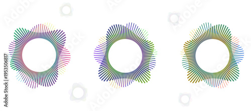 Abstract circular sound wave visualizations in rainbow colors. Multiple audio spectrum designs with subtle starbursts on white background. Modern digital art.