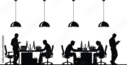 Office, workers, silhouette, business, team, workplace, computers, employees, vector, illustration, corporate, people, desk, working, professional, black, isolated, design, modern, template