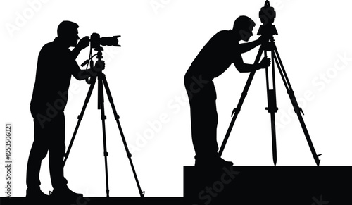 Photographer and land surveyor silhouettes working with tripod camera and theodolite equipment, professional field measurement vector illustration isolated