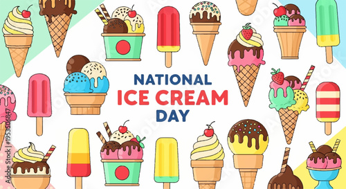 Colorful ice cream cones and popsicles celebrating national ice cream day with various toppings