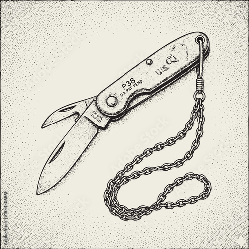 A detailed pointillism style illustration of a vintage military pocket knife with a metal chain